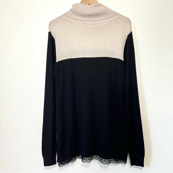 Elena Miro Color Black Lace Trim Wool Blend Cowl Neck Sweater in Black & Cream - Picture 12 of 14